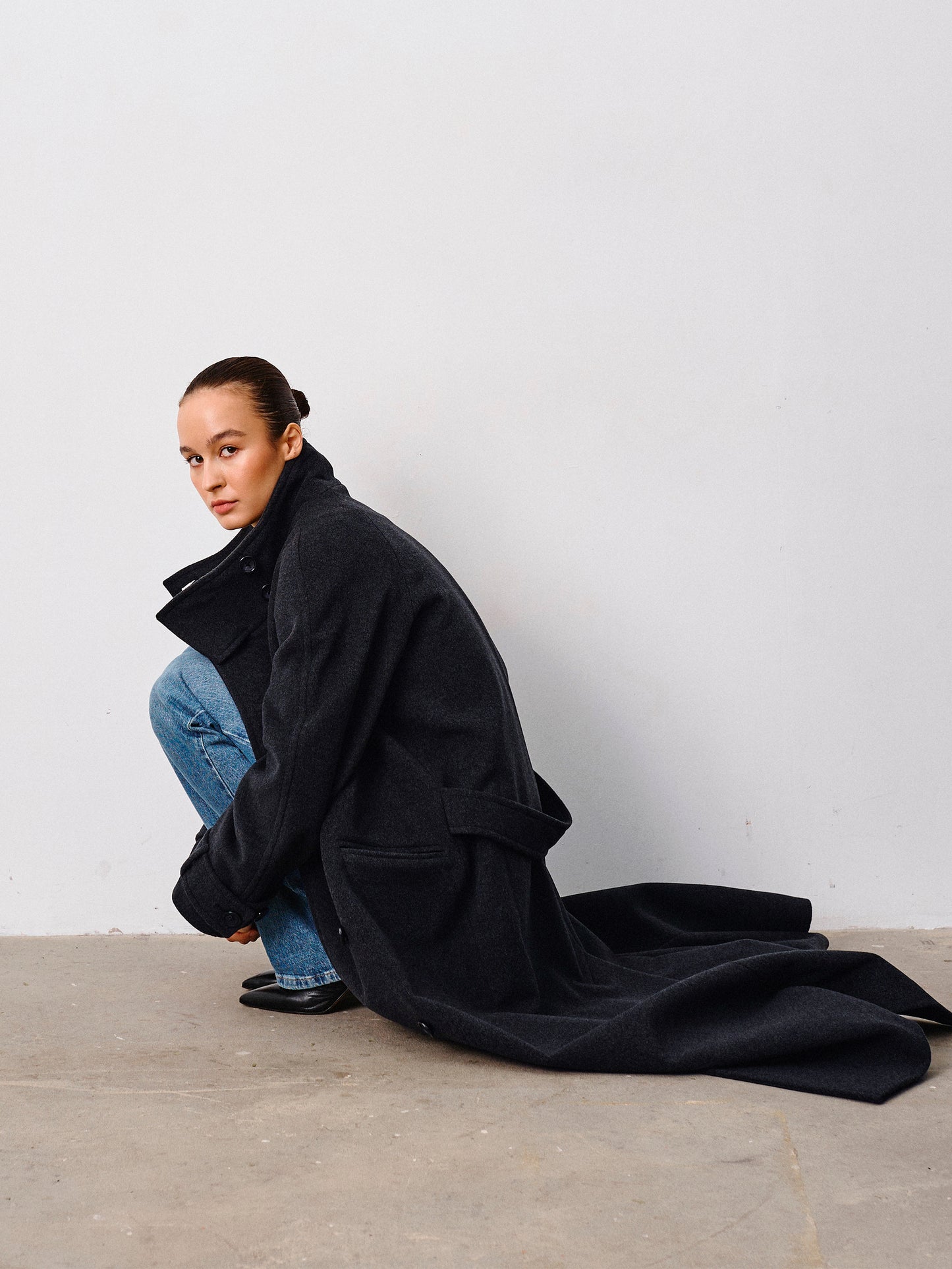 Graphite Wool Coat with Stand Collar – Wabi-Sabi Elegance | CHELIE