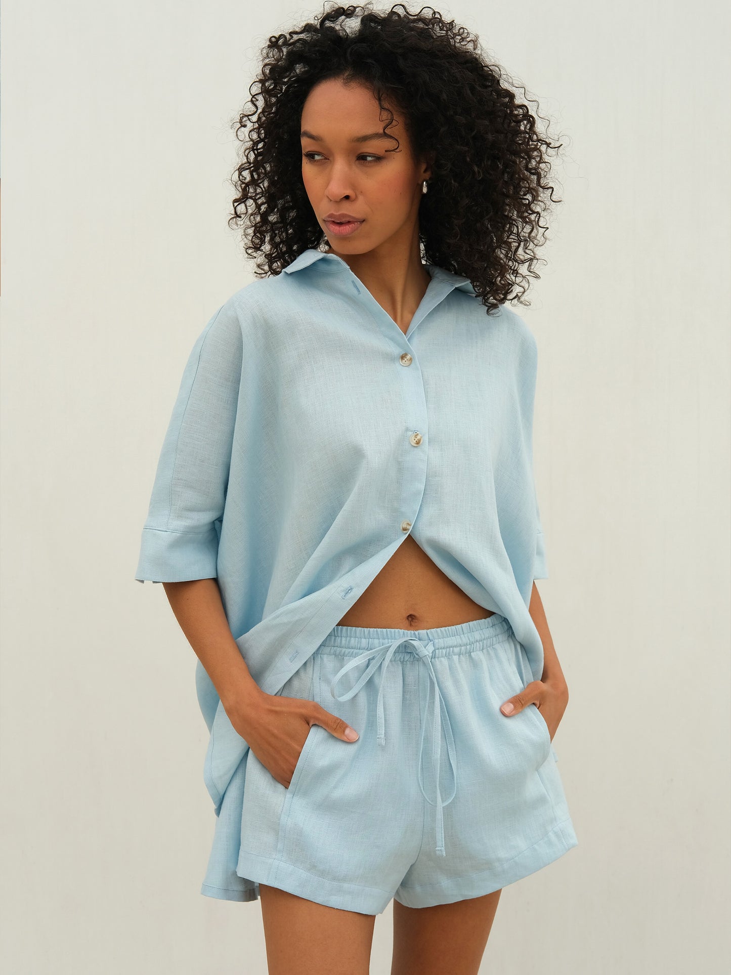 Linen Drawstring Shorts, Light Blue