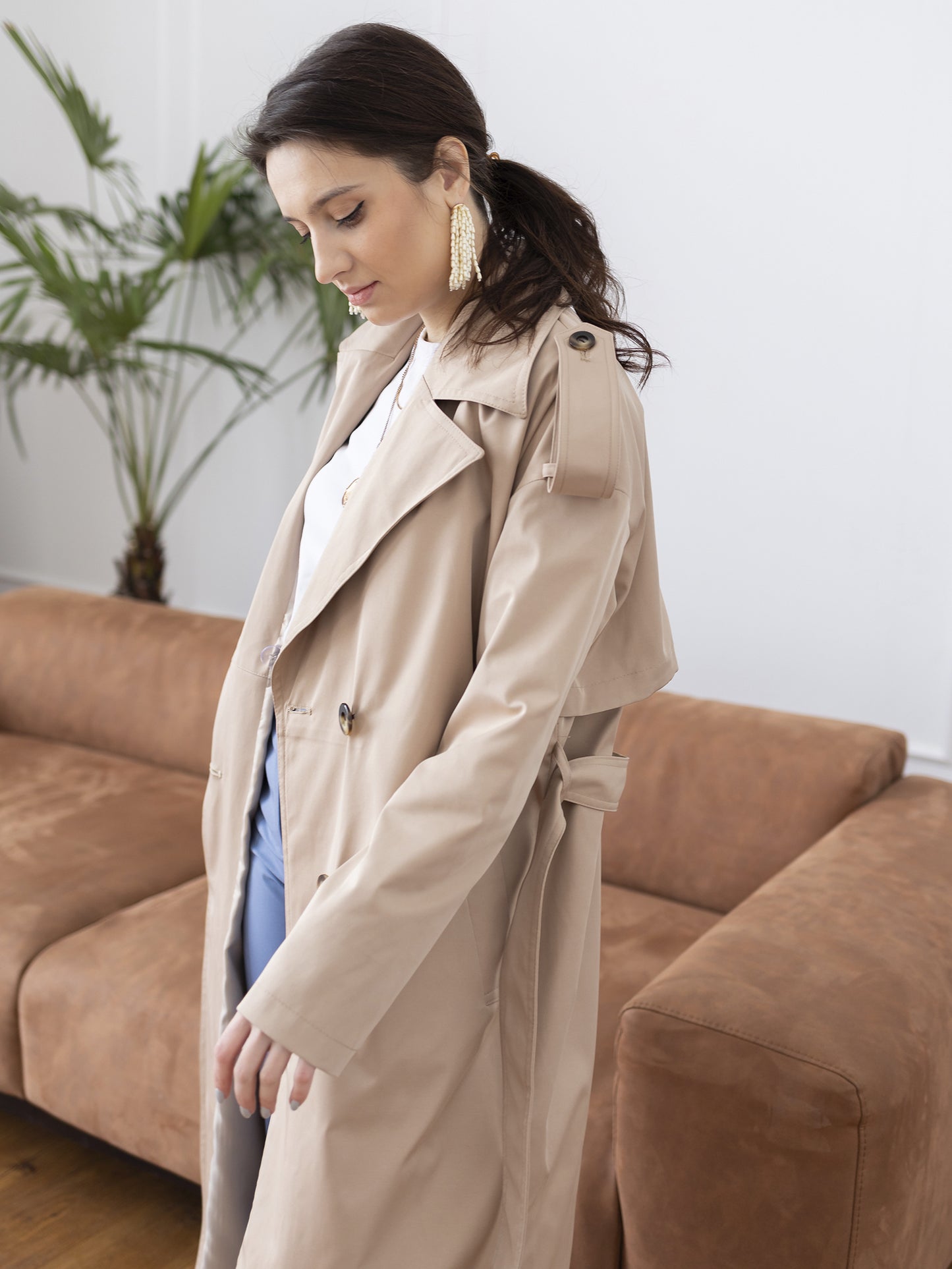 Double-breasted water-resistant trench coat, Beige