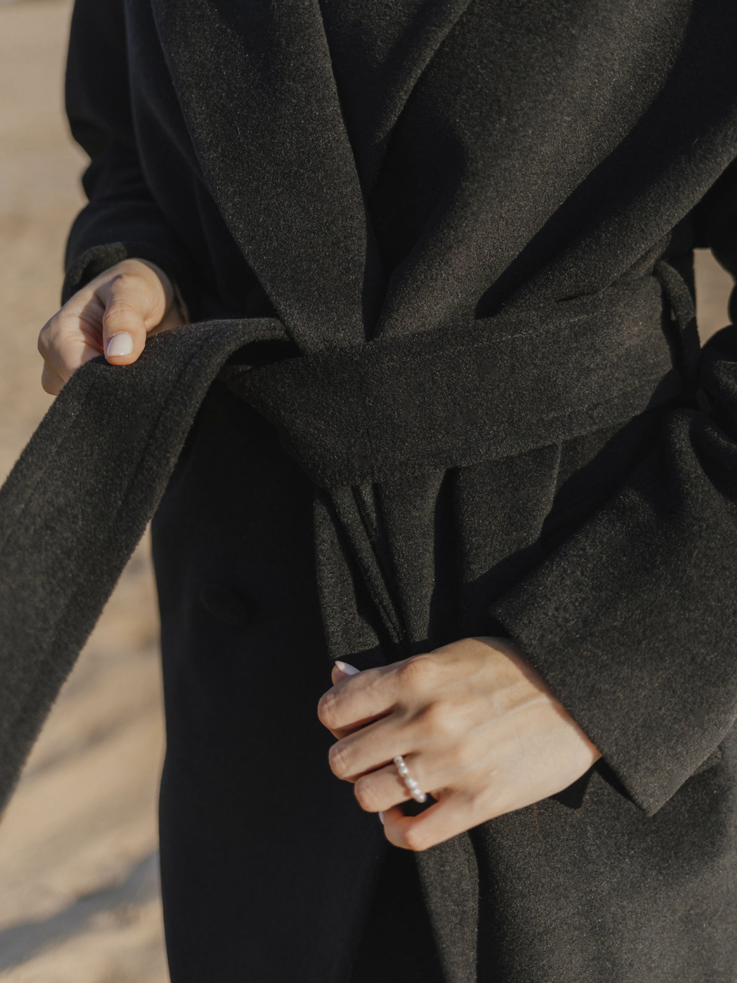 Black Flared Wool Coat with belt