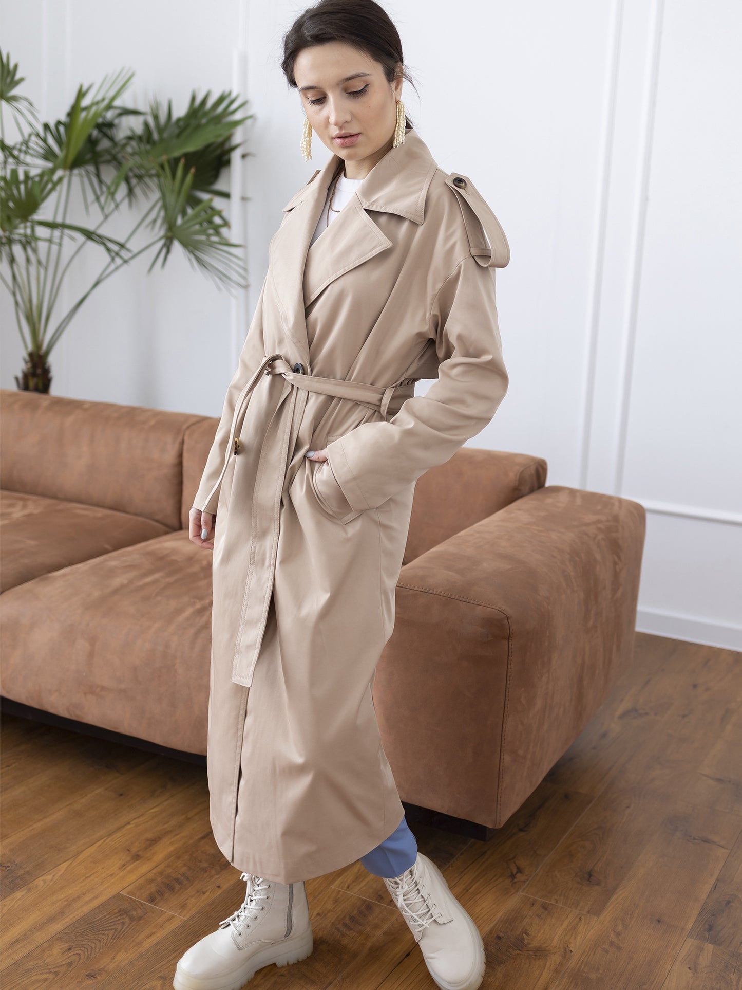 Double-breasted water-resistant trench coat, Beige