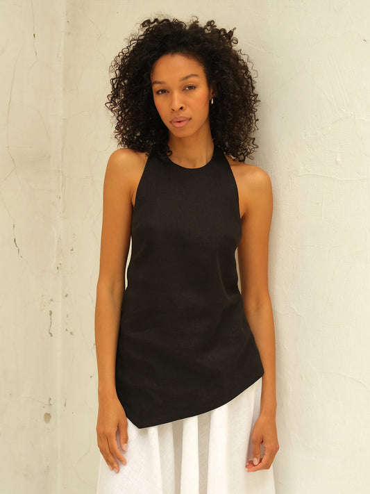Linen Backless Top, Black