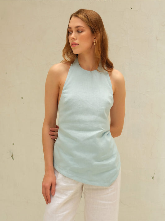 Linen Backless Top, Light Blue