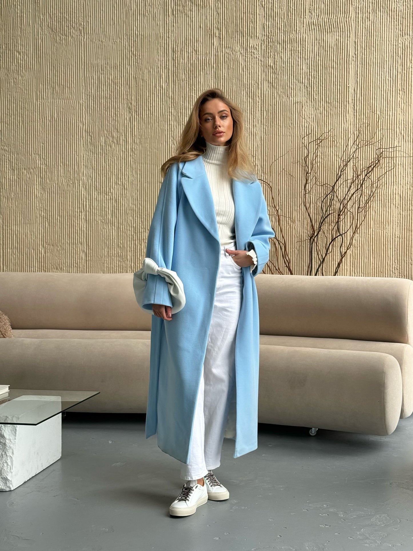 Blue Double-Breasted Long Coat with pockets