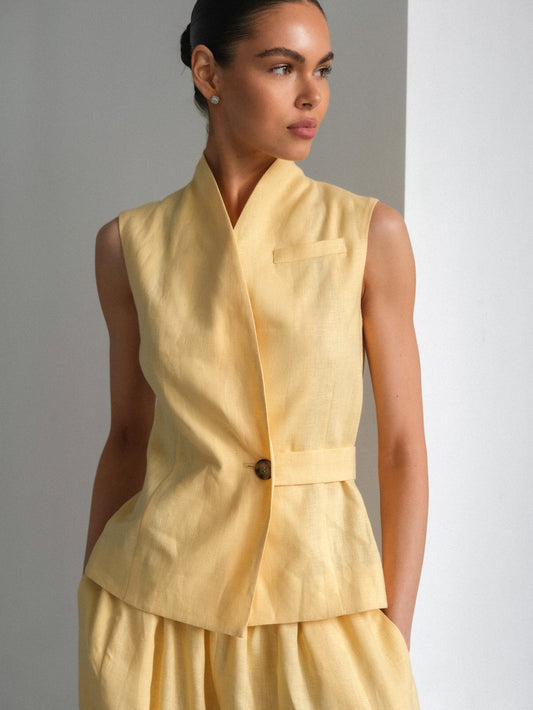 Linen Waistcoat with Shawl Collar, Yellow