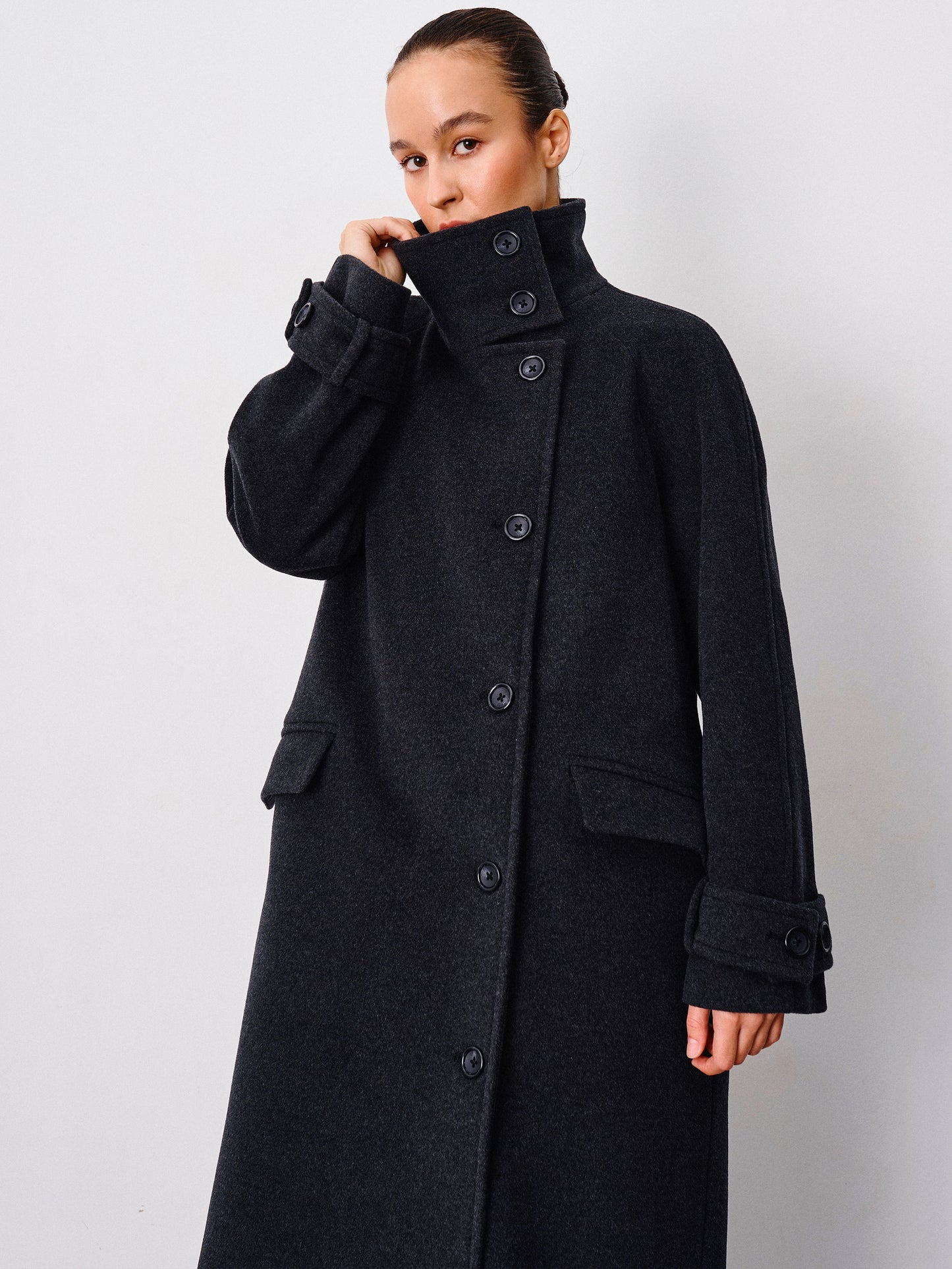 Graphite Wool Coat with Stand Collar – Wabi-Sabi Elegance | CHELIE