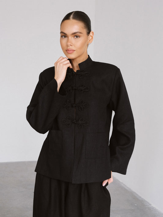 Linen Jacket with Frog Closures, Black