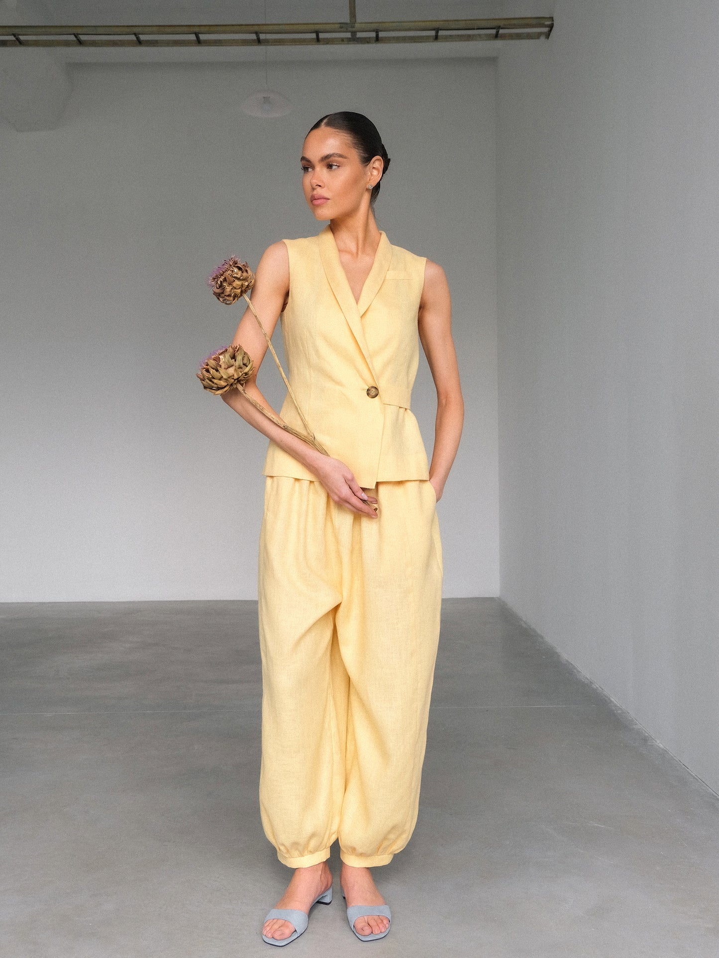 Linen Waistcoat with Shawl Collar, Yellow