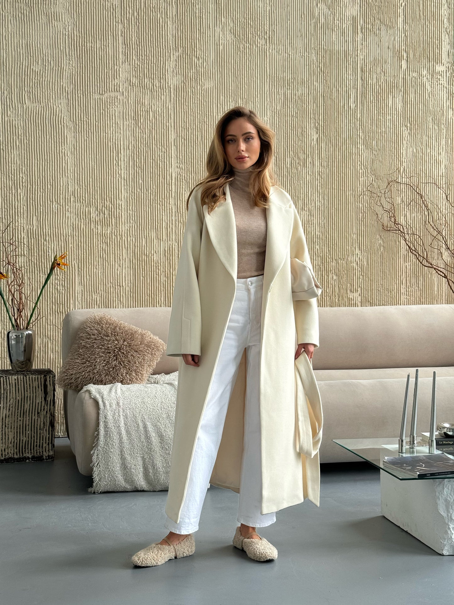 White Double-Breasted Coat with Belt