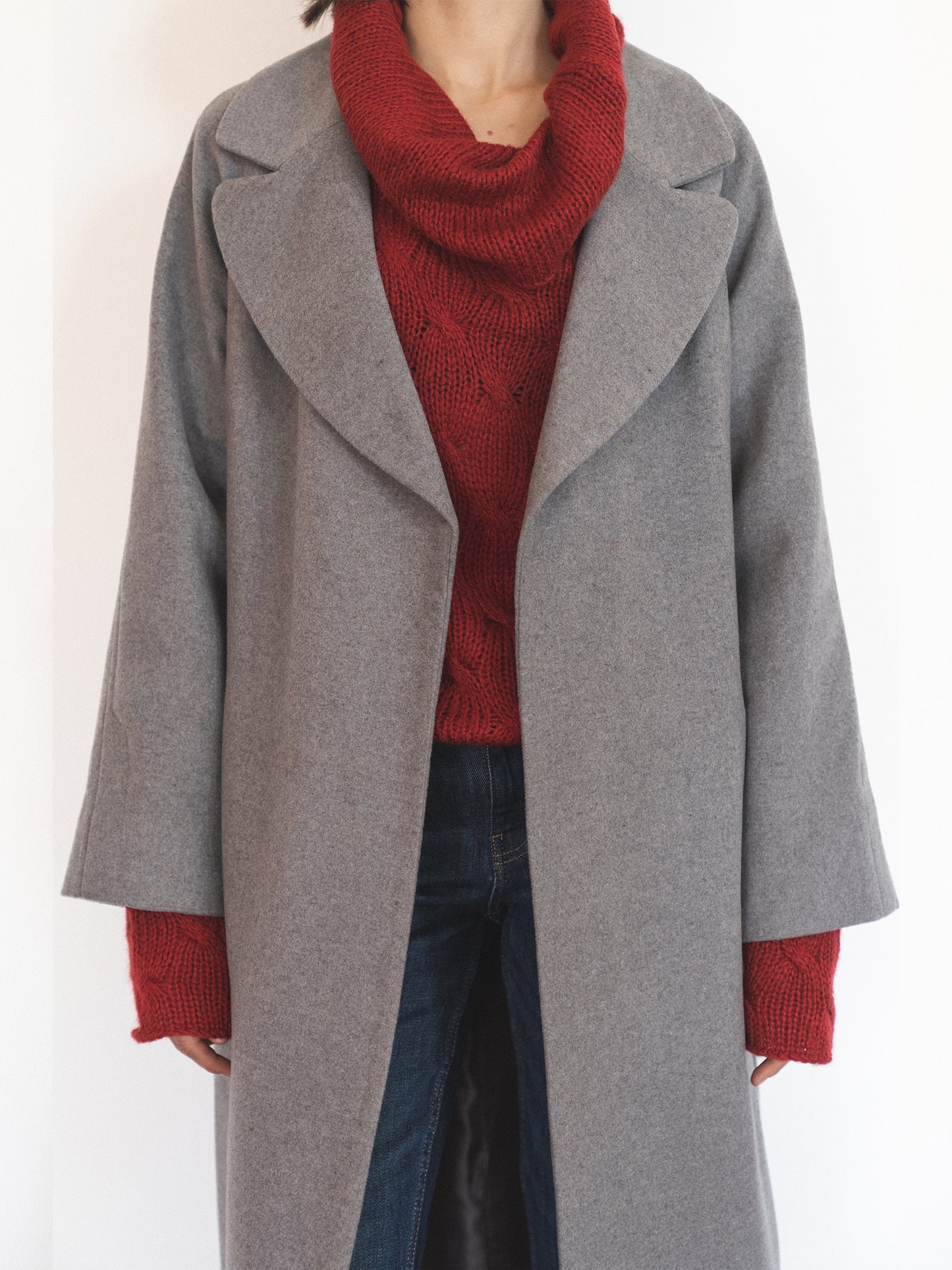 Gray Double-Breasted Long Coat with trim ribbon