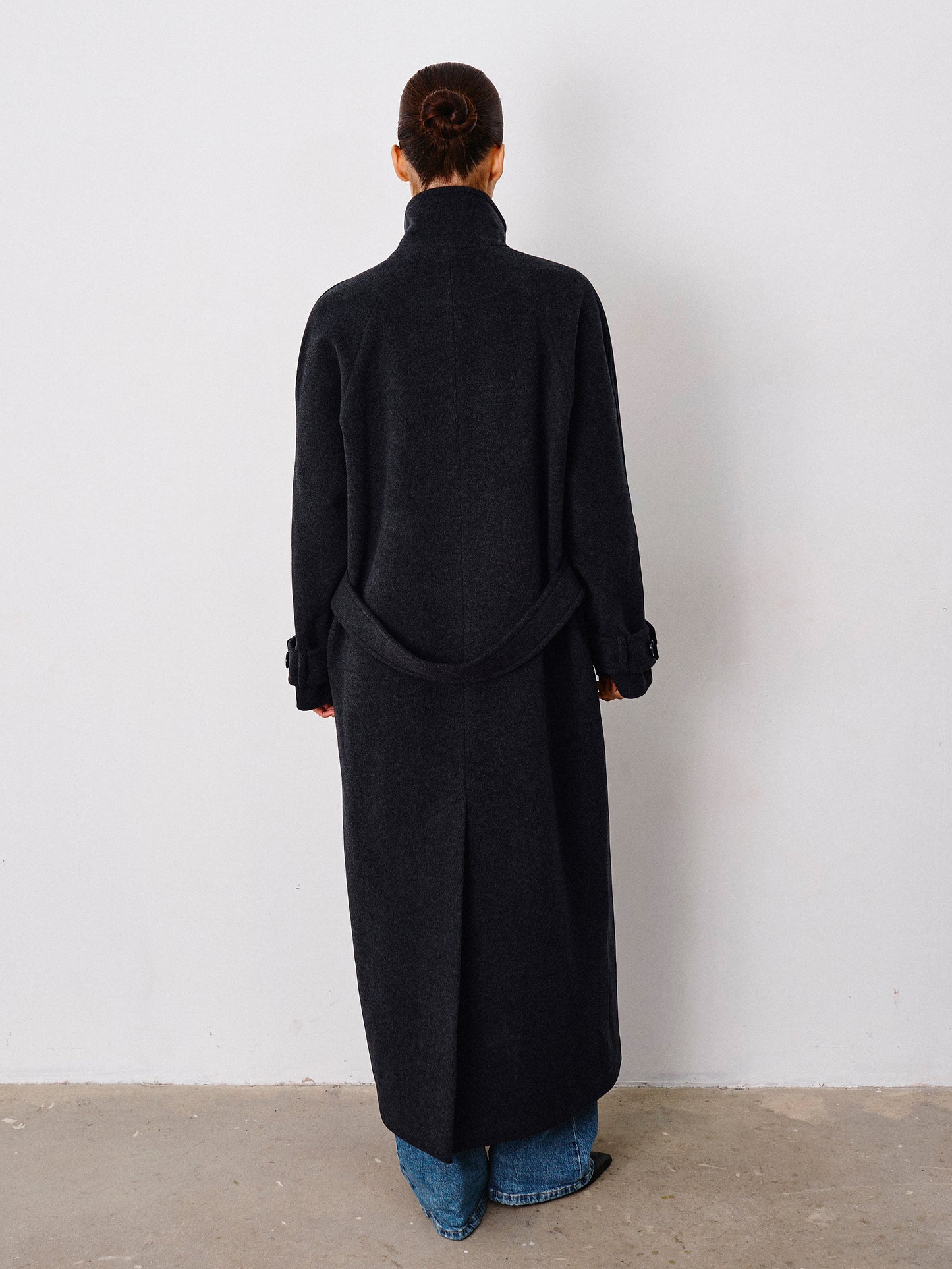 Graphite Wool Coat with Stand Collar – Wabi-Sabi Elegance | CHELIE
