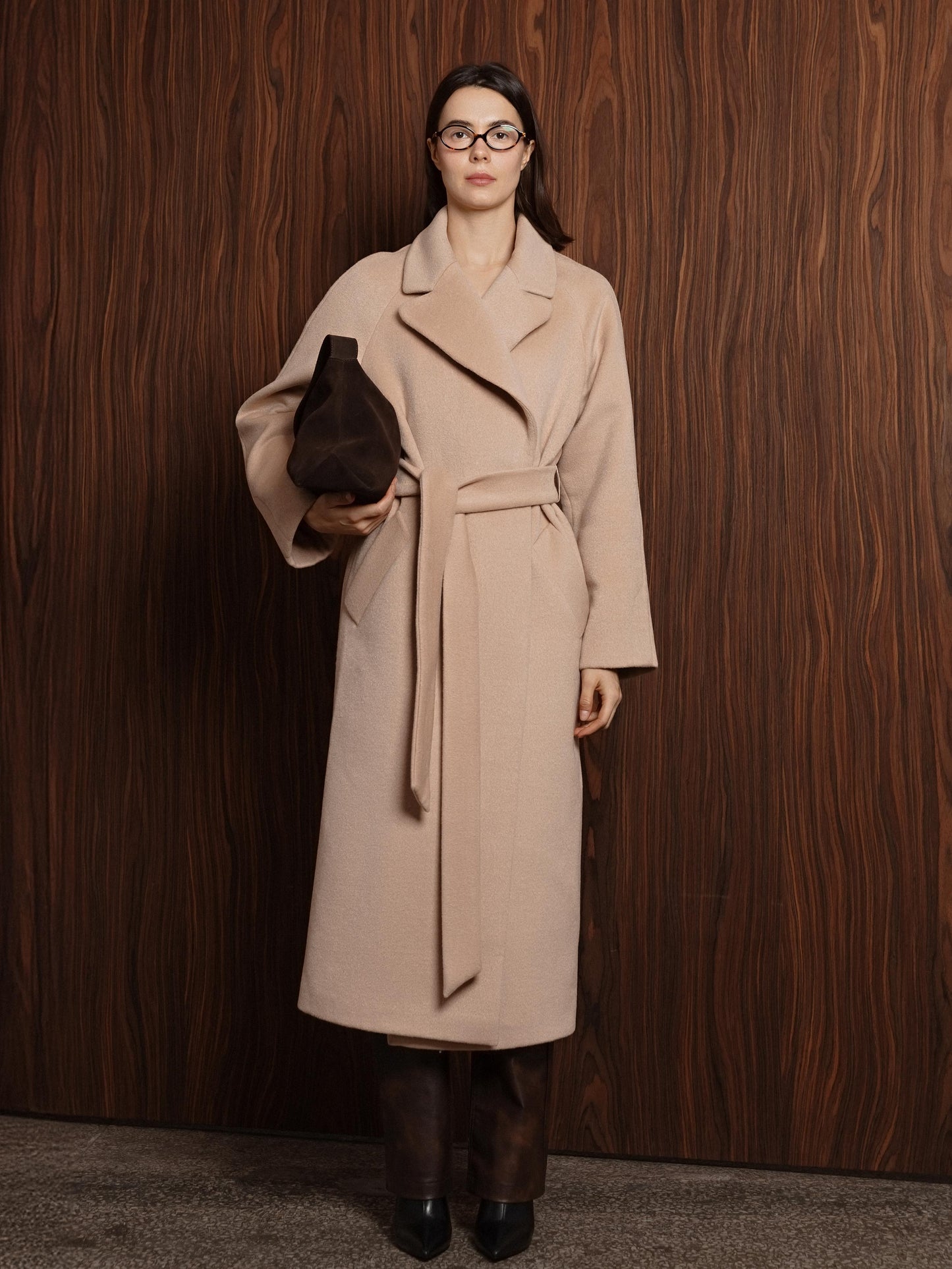 Beige Double-Breasted Long Coat with trim ribbon