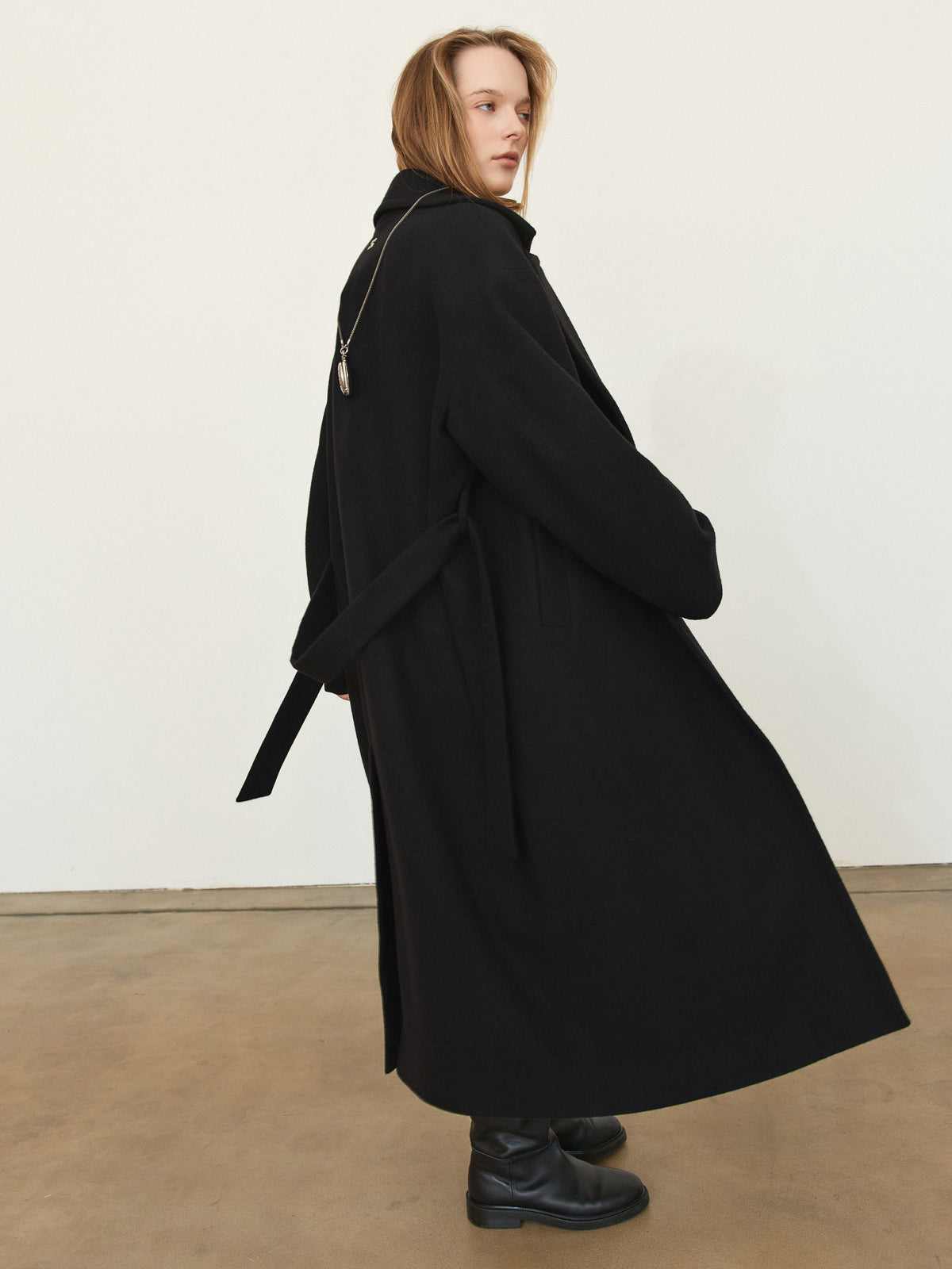 CHÉLIE black oversized wool wrap coat with belt