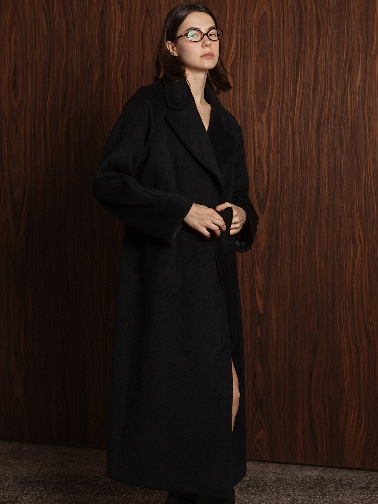 Black Wool Double-Breasted Coat with Belt 2