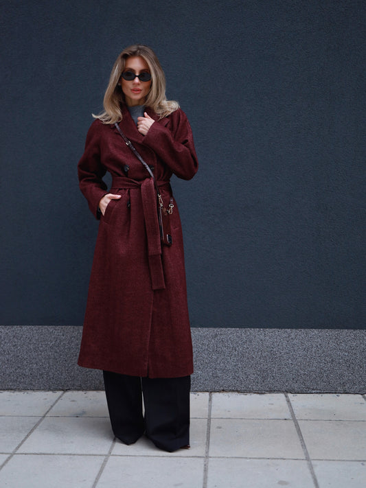 Burgundy Herringbone Raglan Wool Coat