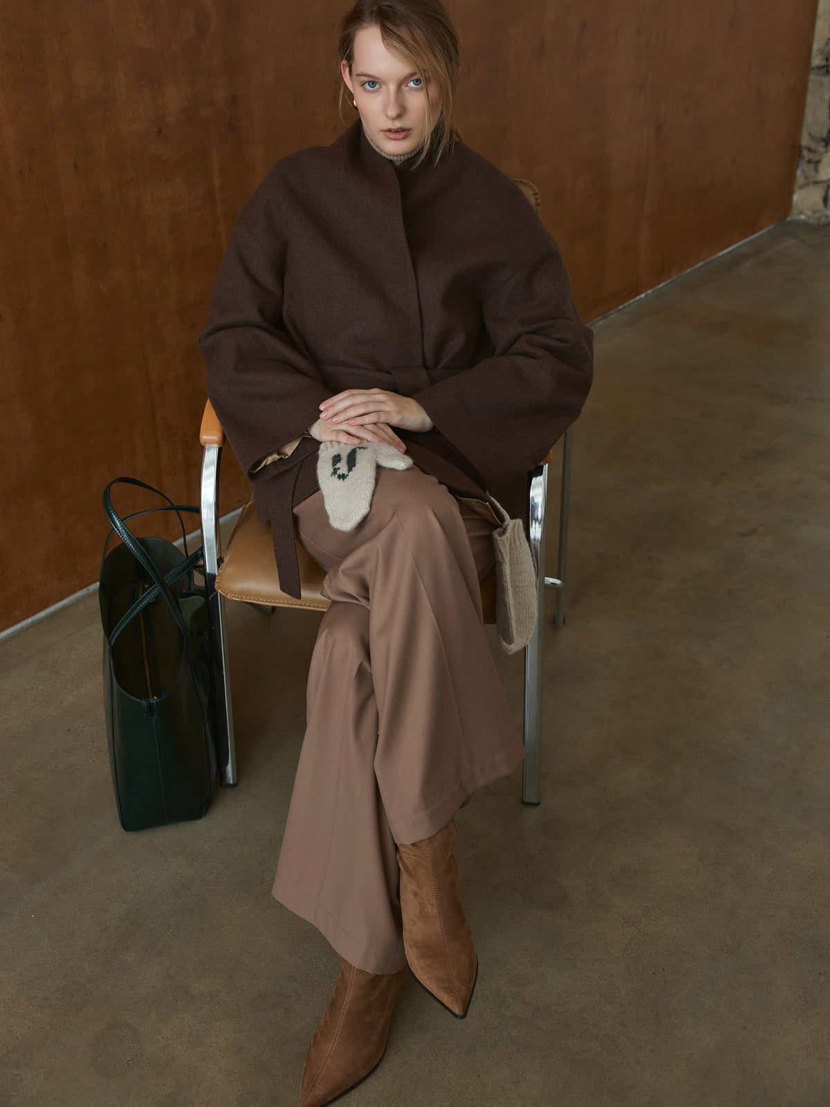 CHÉLIE chocolate brown wool kimono coat with belt