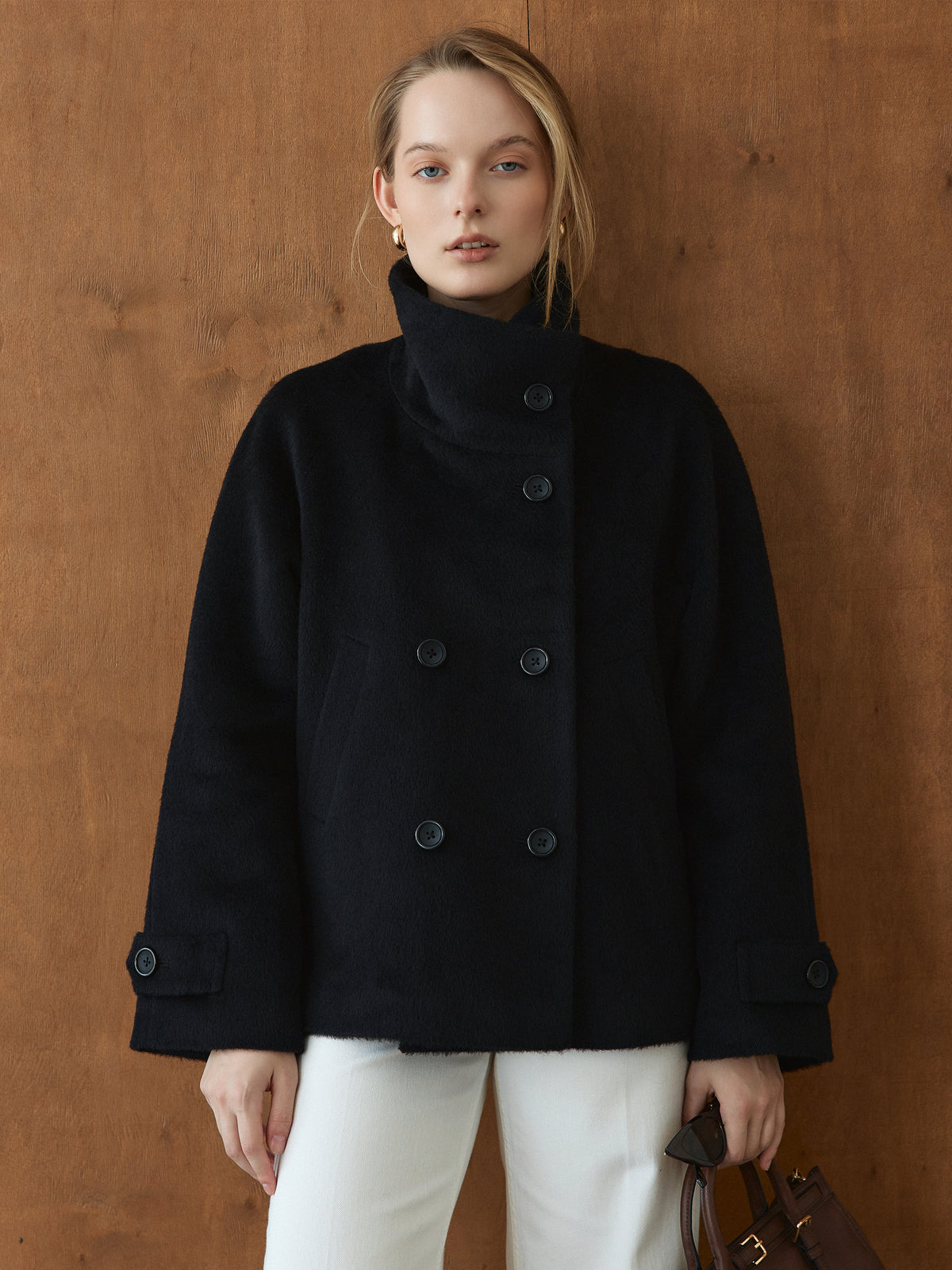 CHÉLIE short black wool coat with high collar