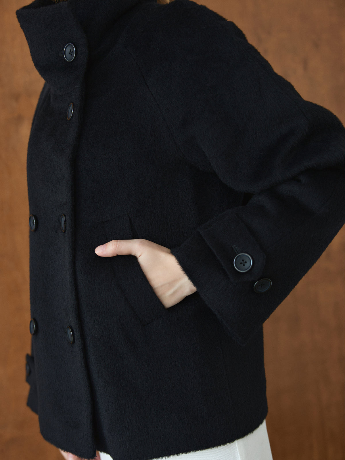 CHÉLIE short black wool coat with high collar