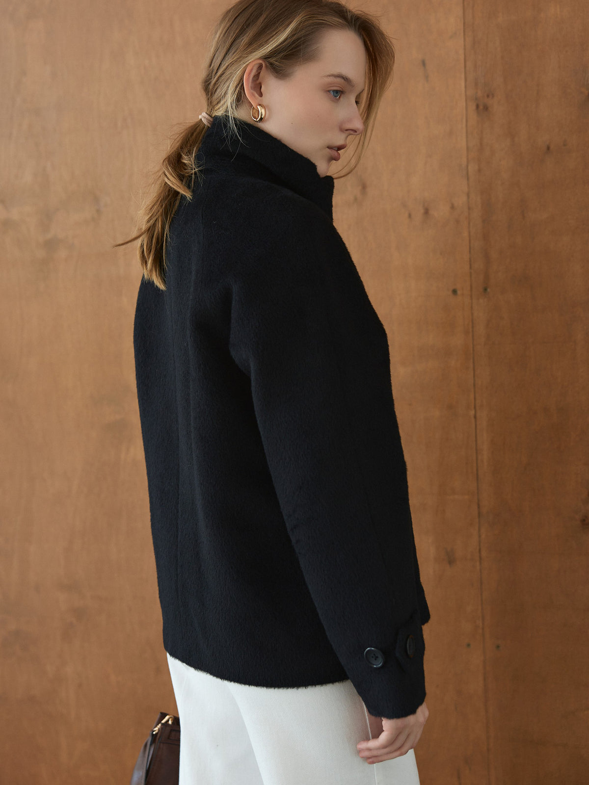 CHÉLIE short black wool coat with high collar