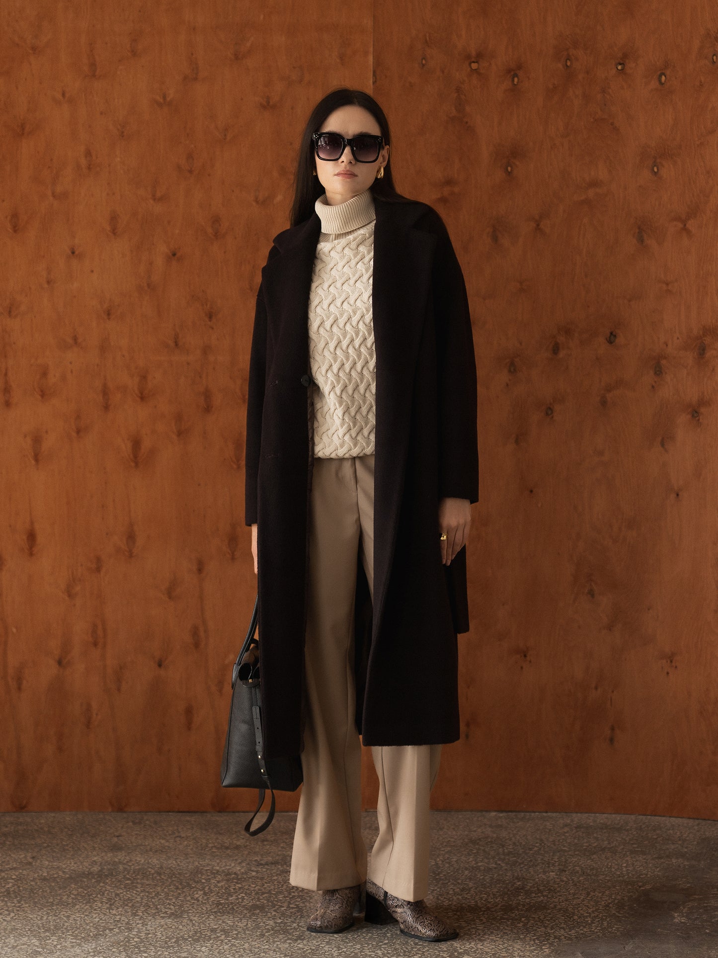 Dark Chocolate Long Wool Coat with Belt 3