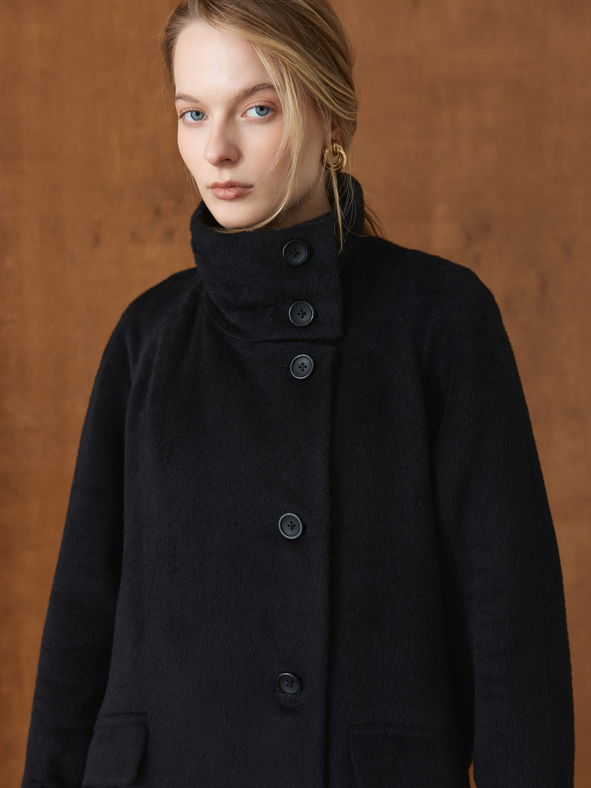 CHÉLIE long black wool coat with high collar